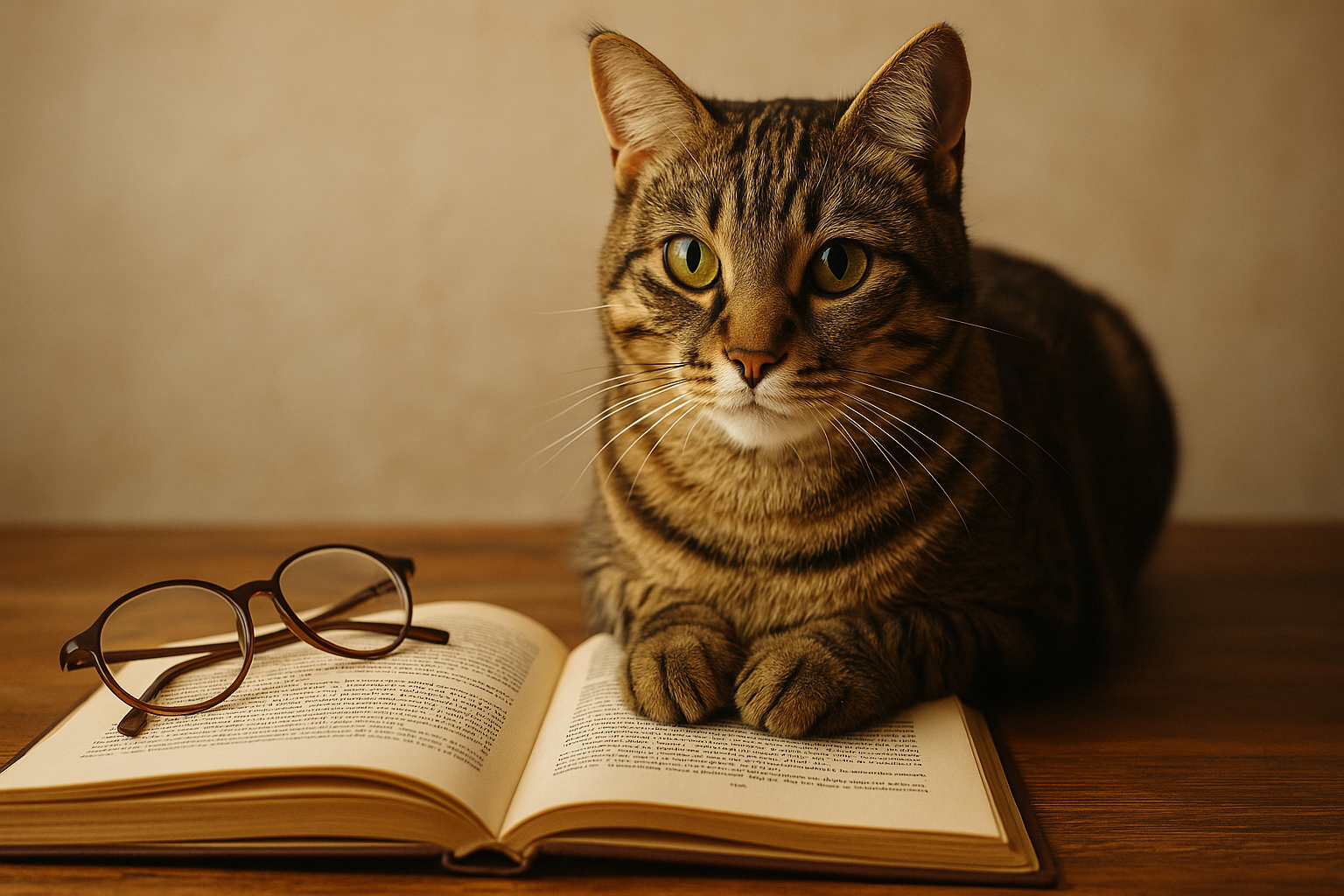 A tabby cat sitting next to an open book with reading glasses nearby