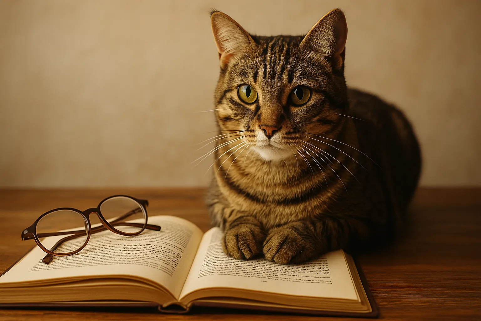 A tabby cat sitting next to an open book with reading glasses nearby