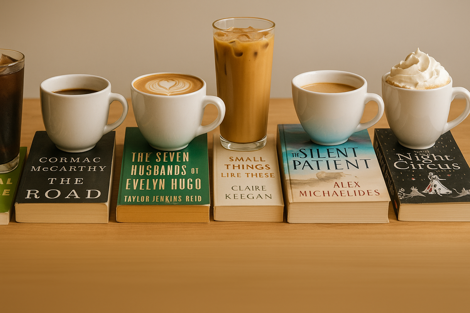 An array of coffee drinks paired with carefully chosen books, each combination telling its own story