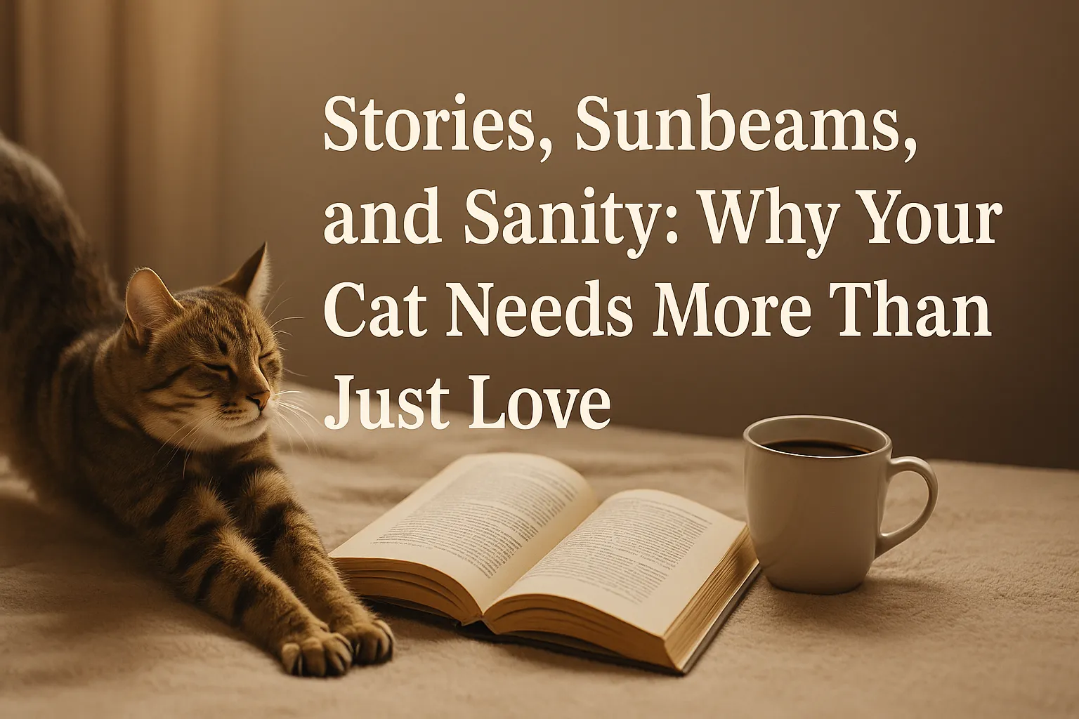 A calm tabby cat stretches beside a book and a cup of coffee in a soft-lit room